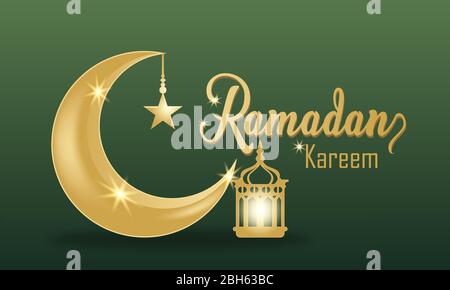 Ramadan Kareem islamic design, golden crescent moon and glowing golden lantern, on a green background with a gradient. Stock Vector