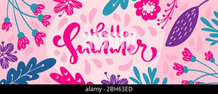 Hello Summer calligraphy lettering text for greeting card. Creative doodle tropical beach travel graphic illustration banner. Retro typographical Stock Vector