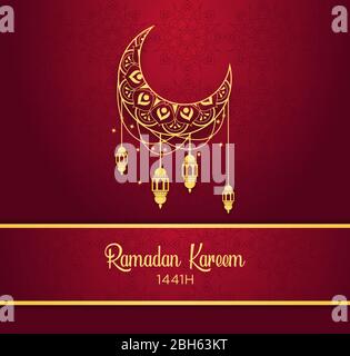 Ramadan Kareem islamic design, crescent moon and golden lantern on a maroon background with gradients and patterns. Stock Vector