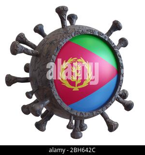 3d rendering of a national Eritrea flag over a virus covid19. Concept of the fight of the countries vs pandemic. Isolated on white background Stock Photo