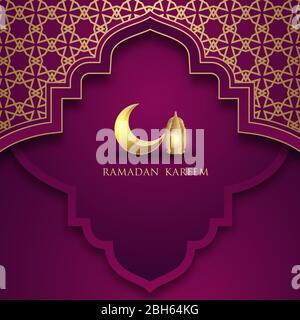 Beautiful Ramadan Kareem greeting card design. Month of fasting for Muslims. With a golden moon and golden lanterns. On a purple background Stock Vector