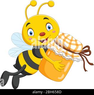 Cartoon little bee holding honey jar Stock Vector