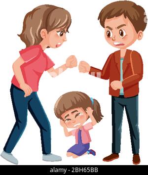 Domestic violence scene with parents fighting in front of little girl illustration Stock Vector