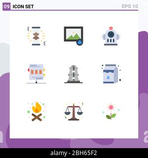Flat Color Pack of 9 Universal Symbols of milk, tower, water, observatory, game Editable Vector Design Elements Stock Vector