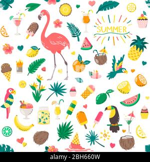 Set of cute summer pattern food, drinks, palm leaves, fruits and flamingo. Bright summertime poster. Collection of scrapbooking elements for beach par Stock Vector