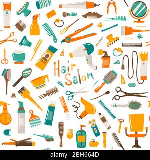 Hair cut, manicure, makeup, hair coloring, hairdressing, styling professional beauty tools and equipment big pattern. Beautiful fashion illustration i Stock Vector
