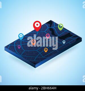 3D Isometric map with destination location point, Aerial clean top view of the day time city map with street and river, Blank urban imagination map, G Stock Vector