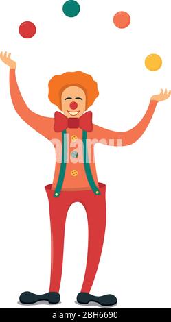 Cheerful clown stand juggling color ball, character male jester isolated on white, flat vector illustration. Circus performance show. Stock Vector