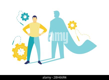 Flat vector illustration, a man standing proudly has a shadow like a super hero. A man's dream. Strong man. Stock Vector