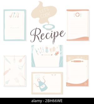 Retro recipe card template set for cookbook. Menu creator vector illustration. Kitchen food template Stock Vector