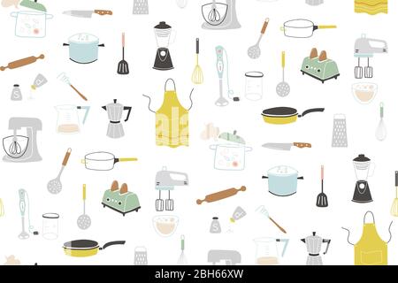 Kitchen doodle vector icon set. Vector seamless pattern. Stock Vector