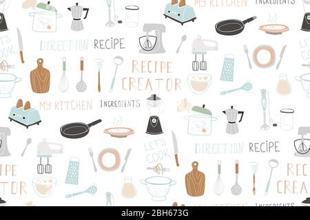 Kitchen doodle for modern recipe card template set for cookbook. Vector icon set. Stock Vector