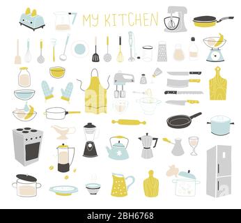 Kitchen doodle vector icon set. For modern recipe card template set for cookbook. Stock Vector