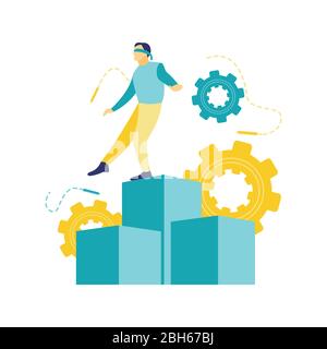 Flat vector illustration, a businessman man standing on boxes with his eyes closed and balance. The business concept of maintaining balance. Stock Vector