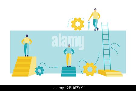 Flat vector illustration of a business concept, two men facing a wall and the other on a wall holding an umbrella. Three business men with obstacle. Stock Vector