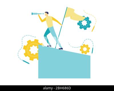 Flat vector illustration of a business concept, a man standing on a bar with a flag and looking into a telescope. Business concepts. Stock Vector