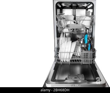 Dishwasher with clean dishes inside, isolated on a white background Stock Photo