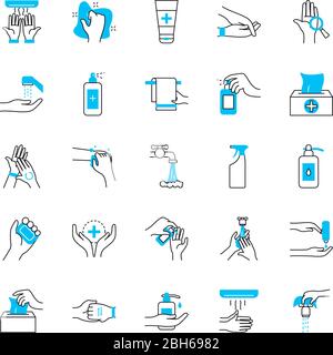 hand hygiene and cleaning icon set over white background, half color half line style, vector illustration Stock Vector