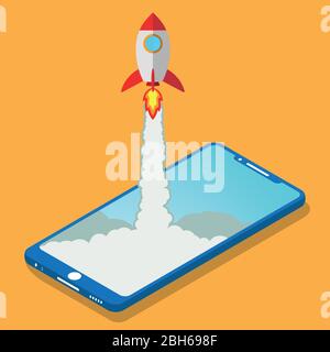 Flat style isometric . The rocket on the side of the screen smartphone takes off Stock Vector