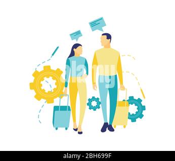 Flat vector illustration, man and woman carrying suitcases and talking to each other. Talking about business for the future. Stock Vector
