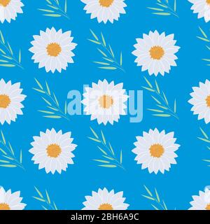 Seamless pattern with chamomile on a blue background. For wrapping paper, textiles, Wallpaper, pillow prints, bedding, clothing, kitchen supplies Stock Vector