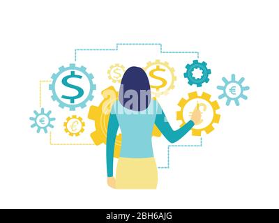 Flat vector illustration, business woman holding a pen is thinking about something about currency. Dollar & euro currency. Stock Vector
