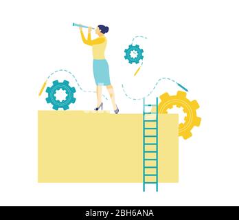 Flat vector illustration, business woman looking at using a telescope and standing somewhere. Look for opportunities from the business Stock Vector