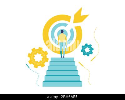 Flat vector illustration of a business concept, a business man standing near a target to reach his goal. Blue and yellow illustrations of hard work. Stock Vector
