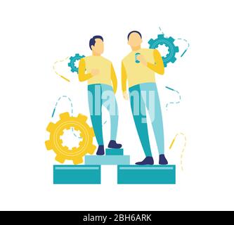 Flat vector illustration of a business concept, Two businessman in talks about future company problems. One of them holds a cup of coffee. Stock Vector