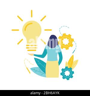 Flat vector illustration, rear view of a business woman who holds bright ideas in blue and yellow. Innovation from a business woman. Stock Vector