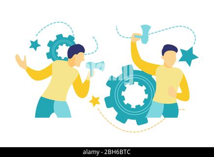 flat vector illustration of two men holding a megaphone in blue and yellow. Stock Vector