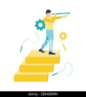 Flat vector illustration, a man standing on a pile of books carrying a telescope to see business opportunities. A man who is full of planning ahead. Stock Vector