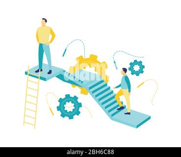 Flat vector illustration of a business concept, confident young businessman standing on top of a staircase with his colleague following him. Stock Vector