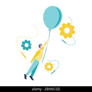 Flat vector illustration in blue and yellow. A man flies holding a blue balloon on a white background. Stock Vector