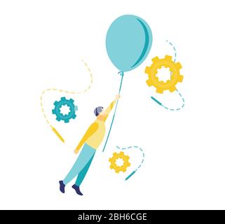 Flat vector illustration in blue and yellow. A man flies holding a blue balloon on a white background. Stock Vector