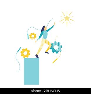 Flat vector illustration of a business concept, young business woman on edge making step above gap to achieve her dream. Concept of women never give up Stock Vector