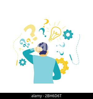 Flat vector illustration of a business concept, rear view of young businessman with blue suit and scratching his head looking at light bulbs Stock Vector