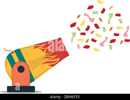 Circus cannon shot color paper, performance show carnival, icon isolated on white, flat vector illustration. Bright gun and painted artillery, fire pa Stock Vector