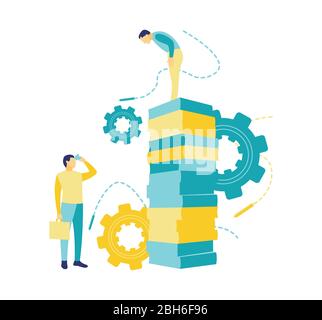 Flat vector illustration, a man sees another man standing on a pile of books using small binoculars in a flat blue and yellow style. Stock Vector