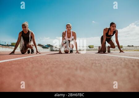 Three female athletes preparing to race on start blocks at stadium. Sprinters at starting blocks ready for race. Stock Photo