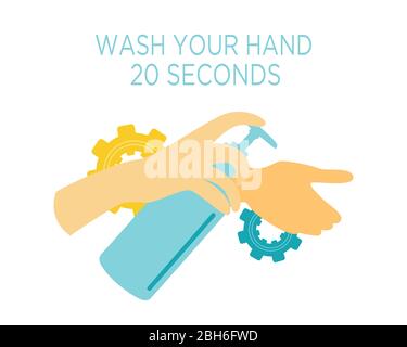Flat illustration of washing hands for 20 seconds to prevent the spread of corona virus 19 in blue and yellow. Stock Vector