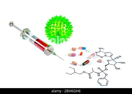 Remdesivir antiviral, thought to could cure Covid-19 respiratory diseases. Remdesivir molecule and some medicines/injection syringe near the coronavir Stock Photo