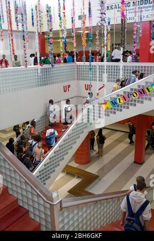 Austin, Texas USA, May 28, 2009: Colorful student artwork decorates the main foyer and staircase at Kealing Middle School in east Austin.    ©Bob Daemmrich Stock Photo