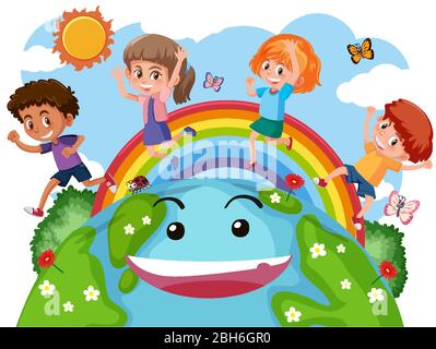 Happy boys and girls running on earth illustration Stock Vector