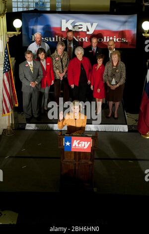 San Antonio, Texas August 17, 2009: U.S. Senator Kay Bailey Hutchison announces her run for the Republican nomination for governor of Texas while campaigning at the historic Menger Hotel next to the Alamo in San Antonio.   ©Bob Daemmrich Stock Photo