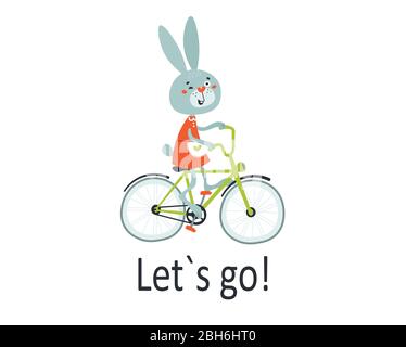 Cute Easter rabbit on bike goes for a walk. Children card, sticker, party invitation, print for baby clothes Stock Vector