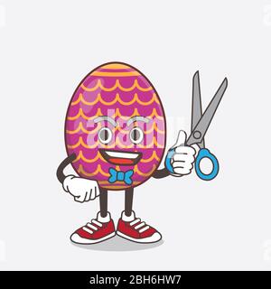 An illustration of Easter Egg cartoon mascot character as smiling barber with scissors on hand Stock Photo