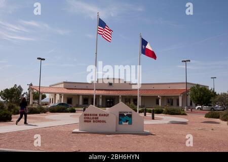 El Paso, Texas  May 28, 2009: Exterior view of the Mission Early College High School in the Sccorro school district of El Paso. Motivated students at the majority-Hispanic school can earn an associate degree at El Paso Community College while studying for their high school diploma in the program. ©Bob Daemmrich Stock Photo