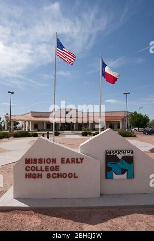 El Paso, Texas  May 28, 2009: Exterior view of the Mission Early College High School in the Sccorro school district of El Paso. Motivated students at the majority-Hispanic school can earn an associate degree at El Paso Community College while studying for their high school diploma in the program. ©Bob Daemmrich Stock Photo