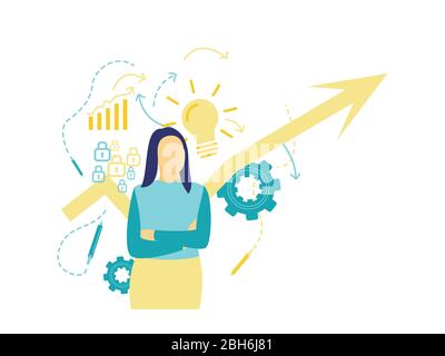 Flat vector illustration, front view of a business woman who is thinking about business progress and new innovations Stock Vector